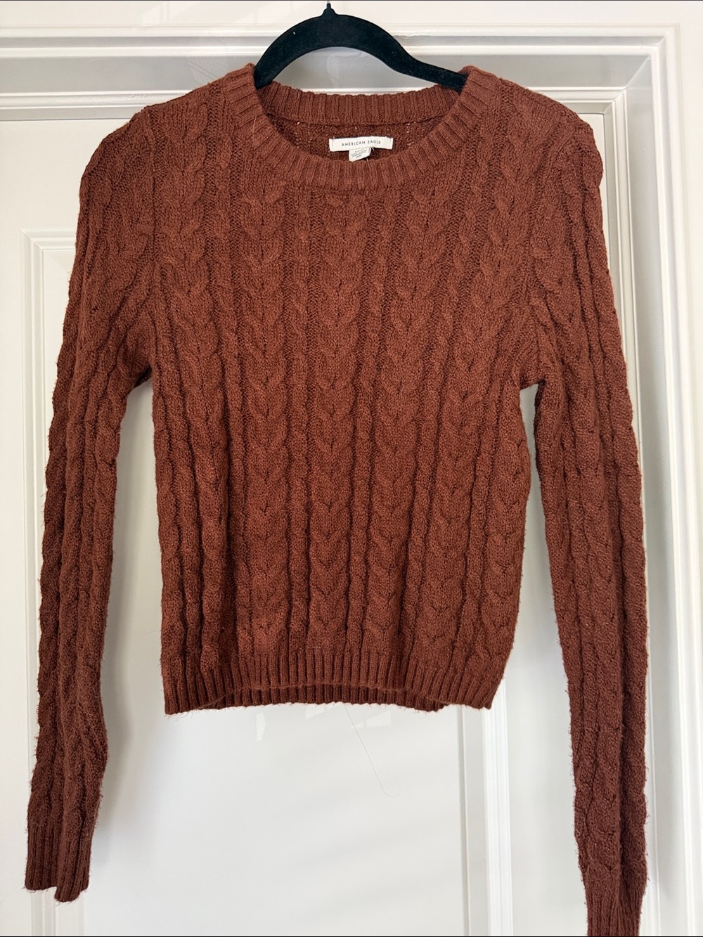 American Eagle Women's Cable Crewneck Sweater in Rust